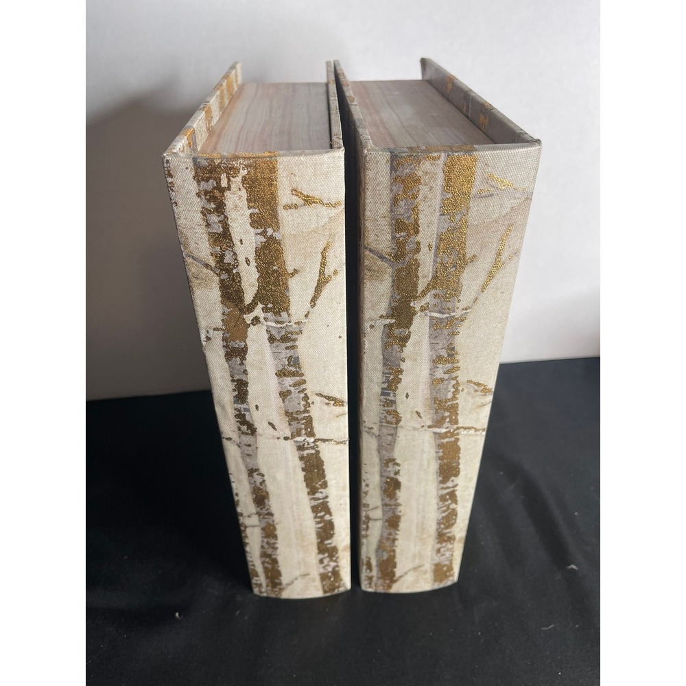 Set of 2 Birch Tree Decorative Book Boxes Gold Metallic Hidden Storage Nesting